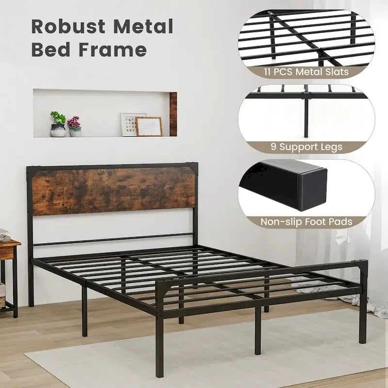 Letto a piattaforma Costway matrimoniale/queen con testiera e pediera rustiche
