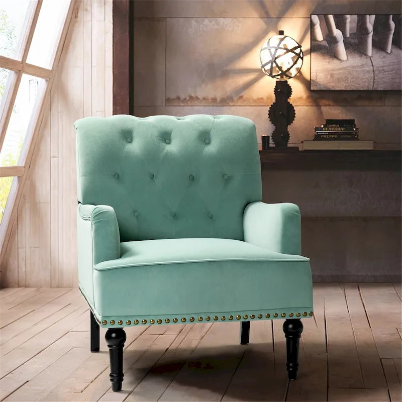 Fauteuil club capitonné Geltrude de HULALA HOME, de style transitionnel, avec pieds tournés en bois