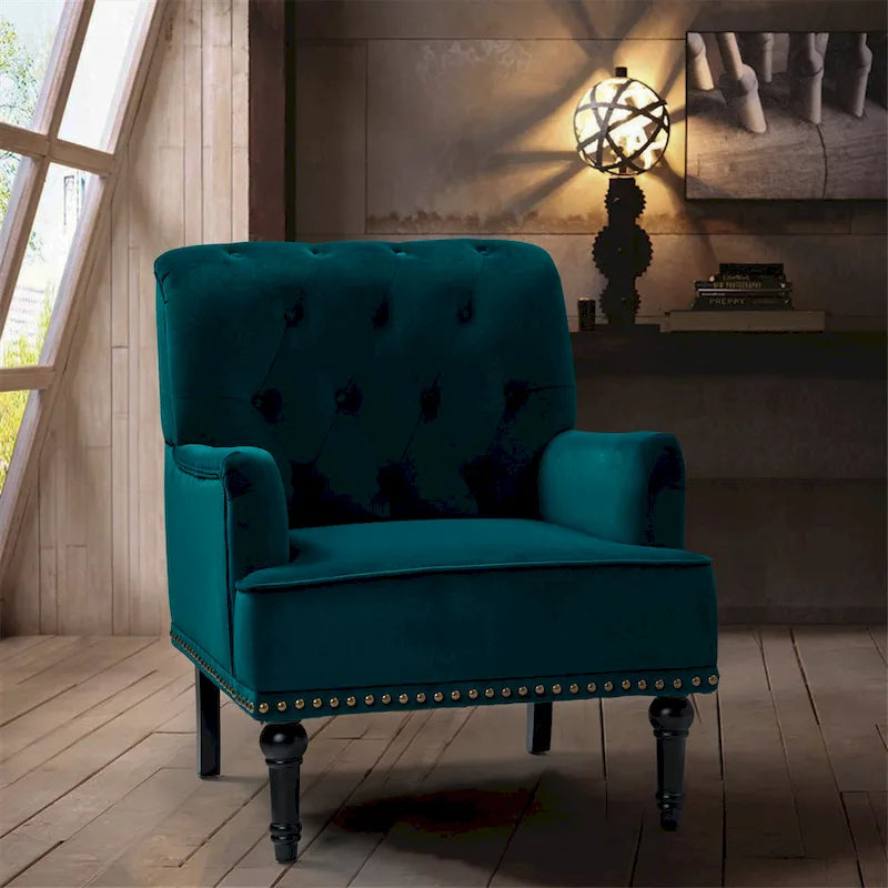 Geltrude Transitional Upholstered Button Tufted Club Chair with turned wooden Legs by HULALA HOME
