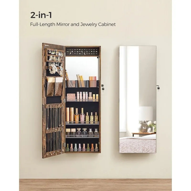 Armadio portagioie bianco in legno chiudibile a chiave con specchio - 14.8L x 3.8W x 42.5H