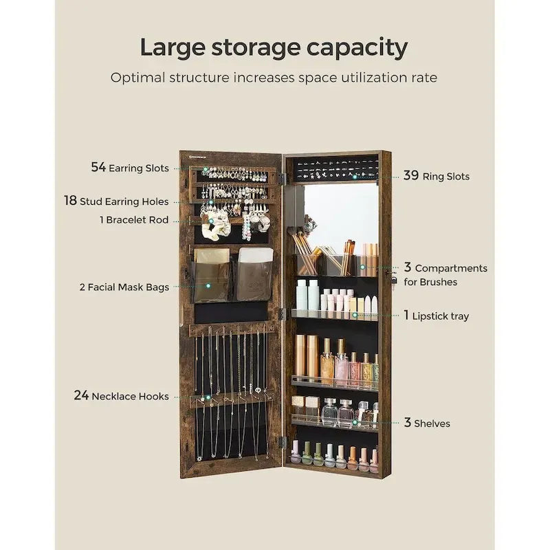 Armadio portagioie bianco in legno chiudibile a chiave con specchio - 14.8L x 3.8W x 42.5H