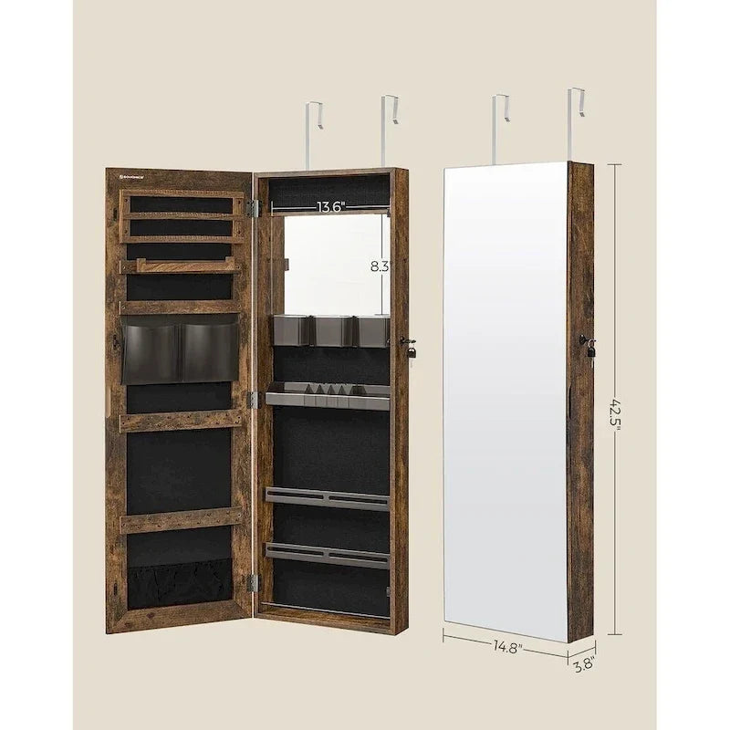 Armadio portagioie bianco in legno chiudibile a chiave con specchio - 14.8L x 3.8W x 42.5H