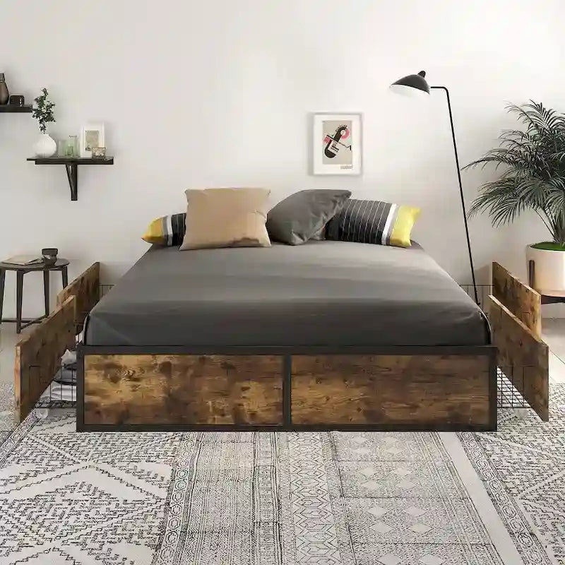 Struttura Letto a Piattaforma Queen in Metallo e Legno con 4 Cassetti Contenitore - Peso Massimo 360 kg