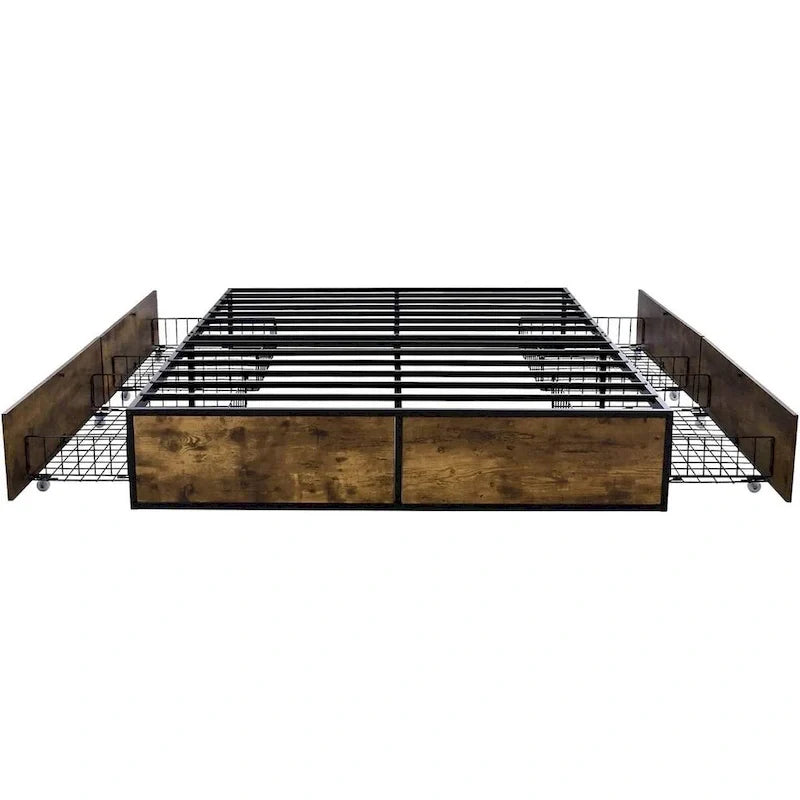 Struttura Letto a Piattaforma Queen in Metallo e Legno con 4 Cassetti Contenitore - Peso Massimo 360 kg
