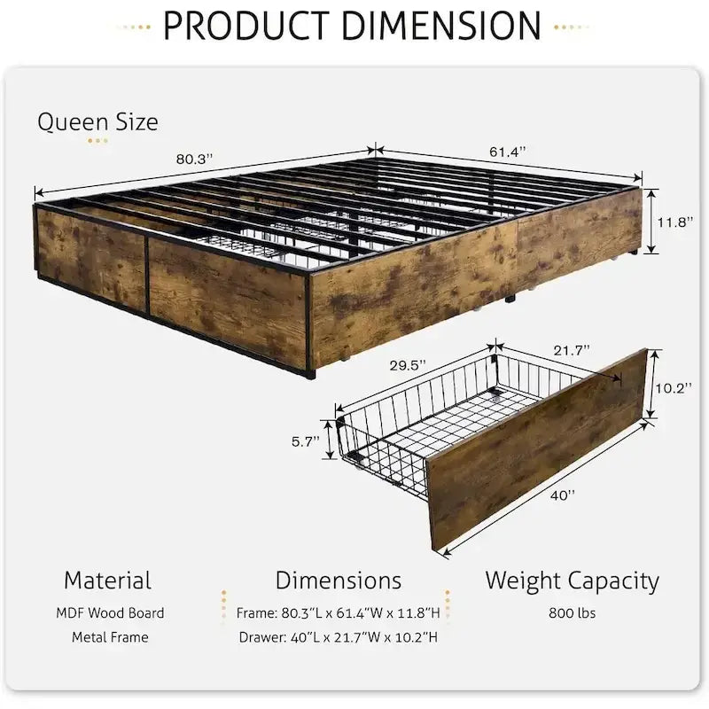 Struttura Letto a Piattaforma Queen in Metallo e Legno con 4 Cassetti Contenitore - Peso Massimo 360 kg