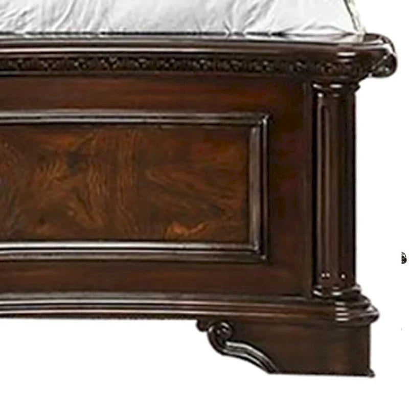 Lit King-size oriental en bois avec tête de lit sculptée complexe, marron