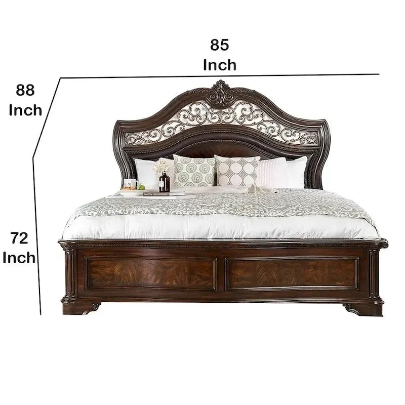 Lit King-size oriental en bois avec tête de lit sculptée complexe, marron