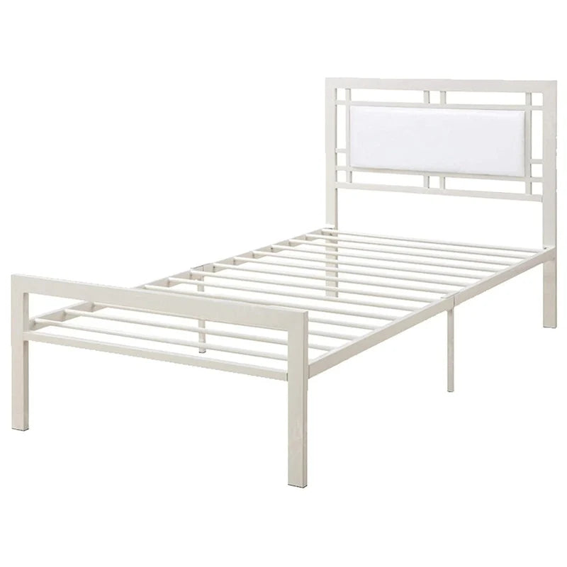 Lit double à cadre métallique avec tête de lit capitonnée en cuir blanc