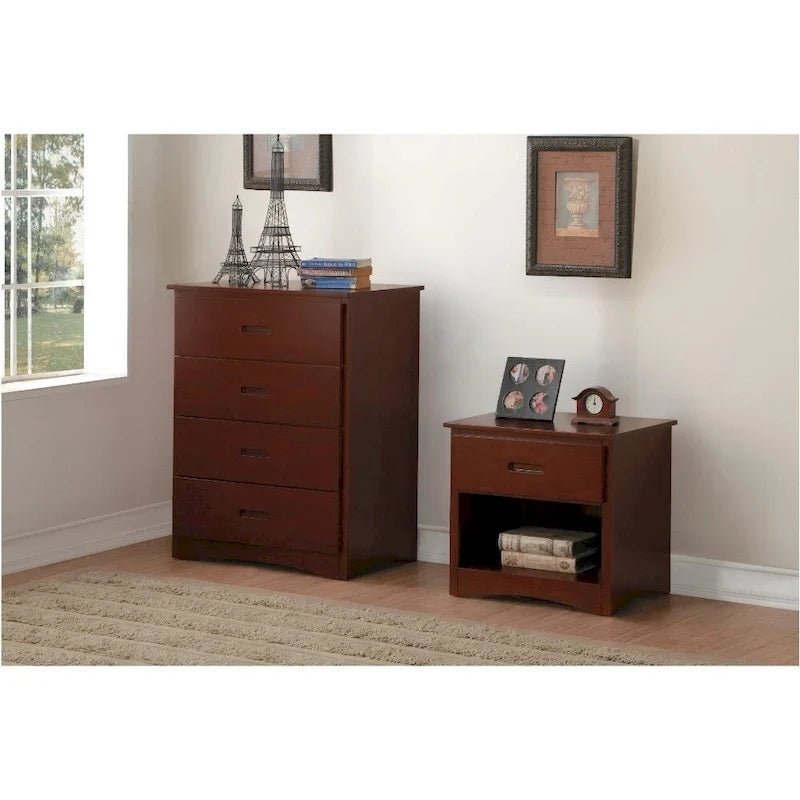 Commode en bois avec 4 tiroirs, brun cerise foncé