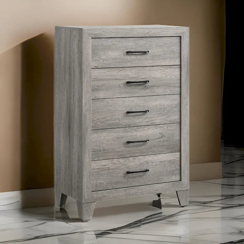 Commode haute à 5 tiroirs Isha de 122 cm avec poignées en métal, gris bois flotté
