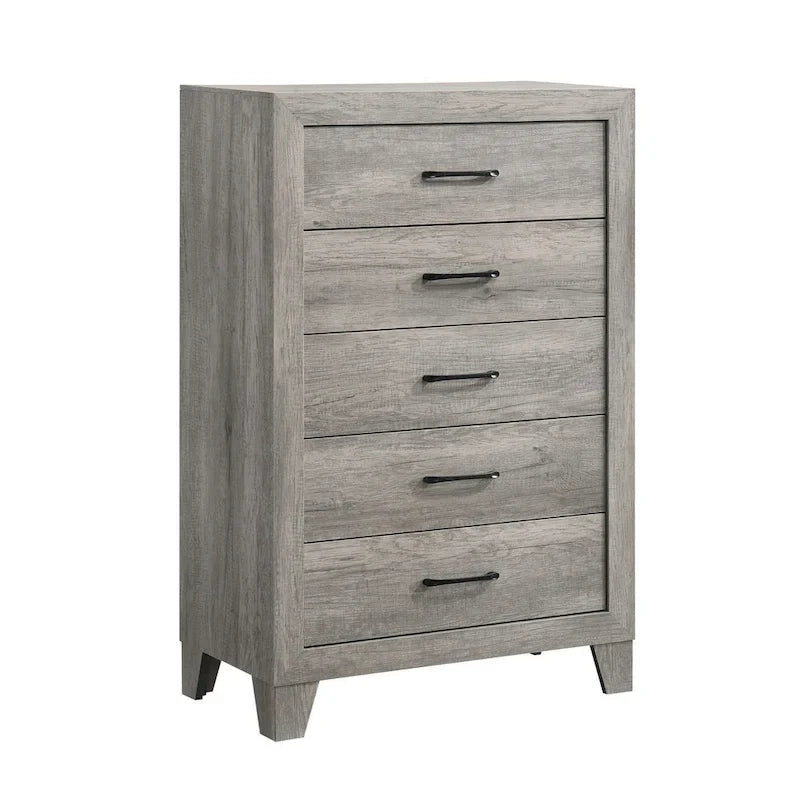 Commode haute à 5 tiroirs Isha de 122 cm avec poignées en métal, gris bois flotté