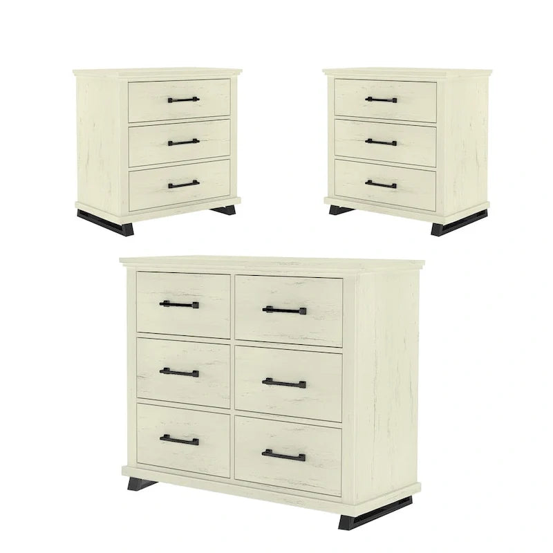Ensemble de chambre à coucher 3 pièces de style campagnard - 2 tables de chevet et 1 commode