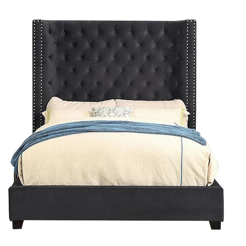 Gok California King Bed with Nailhead Trim, Tufted Gray Velvet Upholstery
