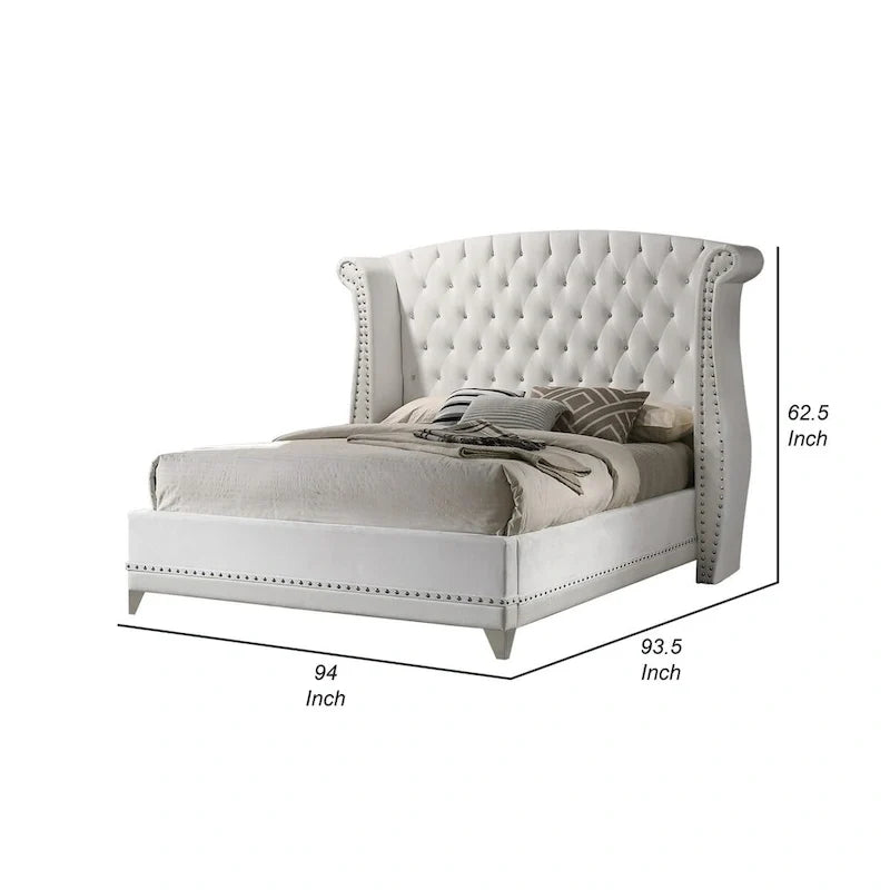 Letto matrimoniale king size Dini California, capitonné con bottoni in cristallo, rivestimento in velluto bianco