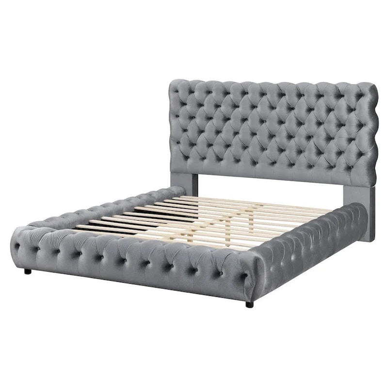 Letto matrimoniale James, piattaforma, rivestimento in velluto grigio trapuntato a bottoni