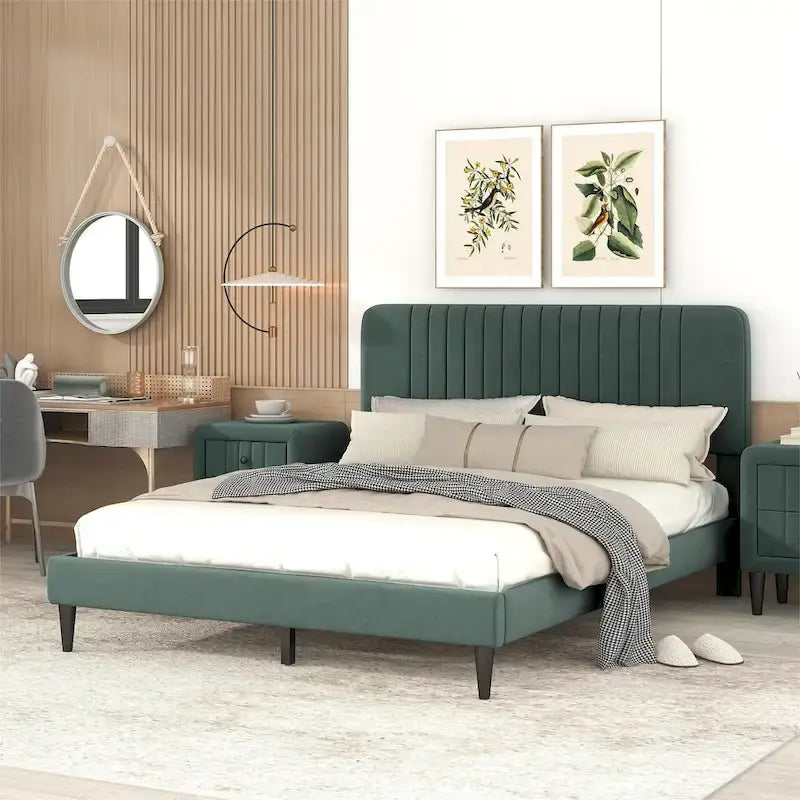 Lit plateforme tapissé Queen Size, pas besoin de sommier tapissier, tissu velours