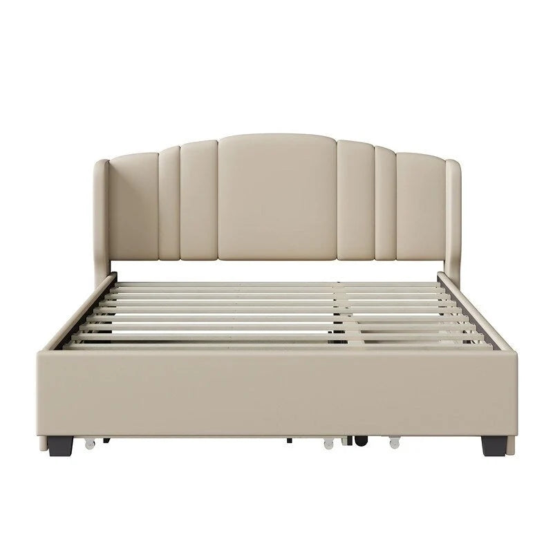 Lit plateforme capitonné en lin Queen Size avec lit gigogne double et 2 tiroirs