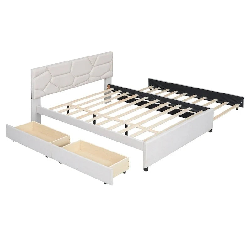 Lit plateforme en lin Queen Size avec lit gigogne double et tiroirs