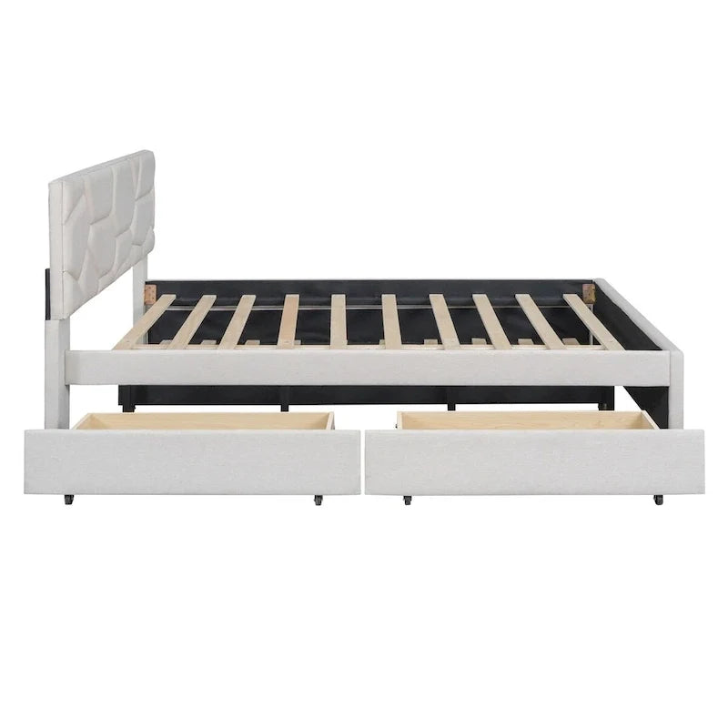 Lit plateforme en lin Queen Size avec lit gigogne double et tiroirs