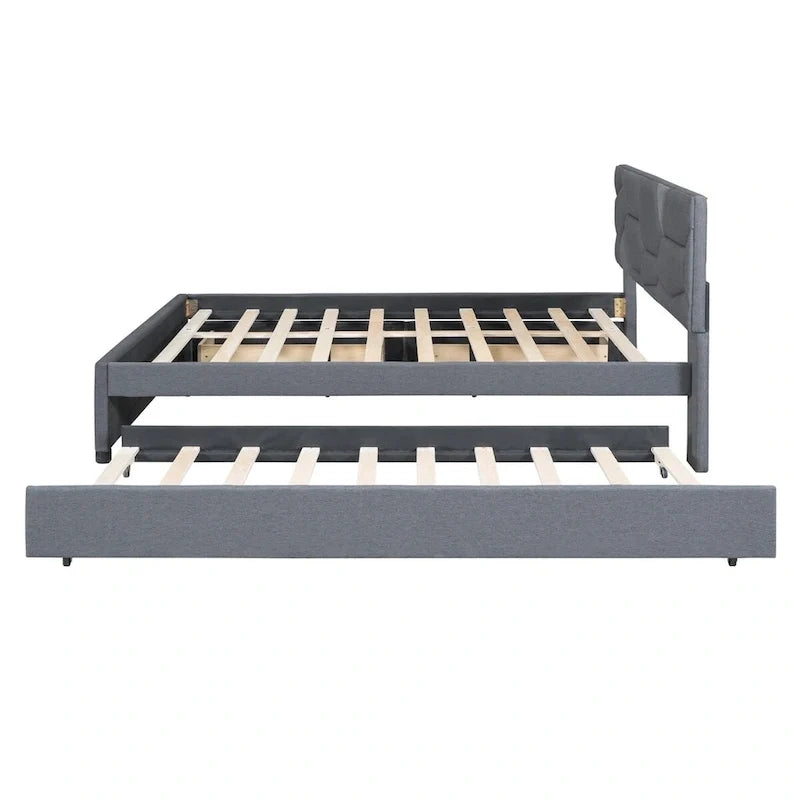 Lit plateforme en lin Queen Size avec lit gigogne double et tiroirs