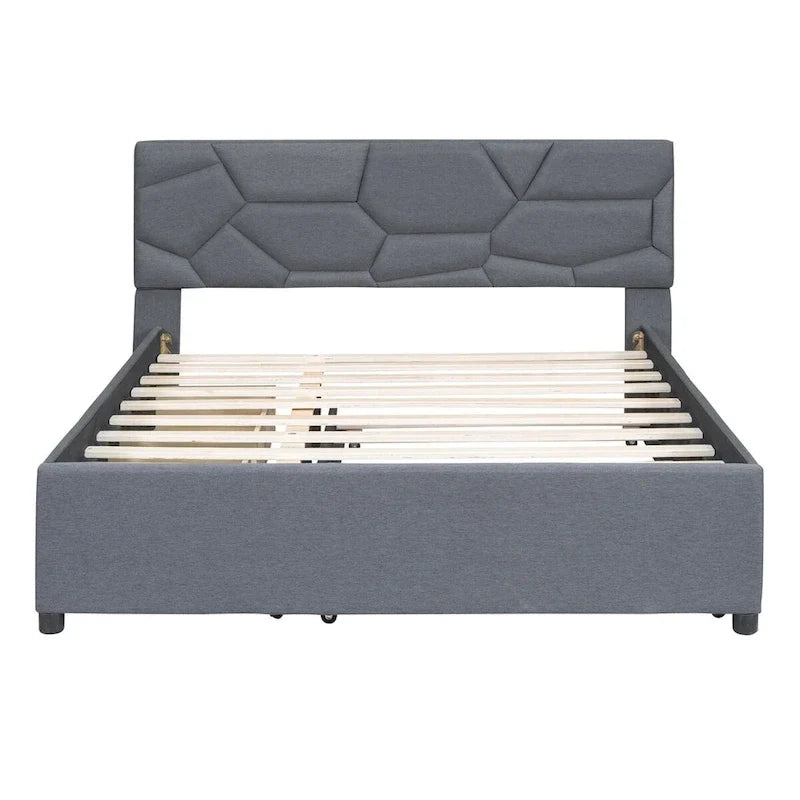Lit plateforme en lin Queen Size avec lit gigogne double et tiroirs
