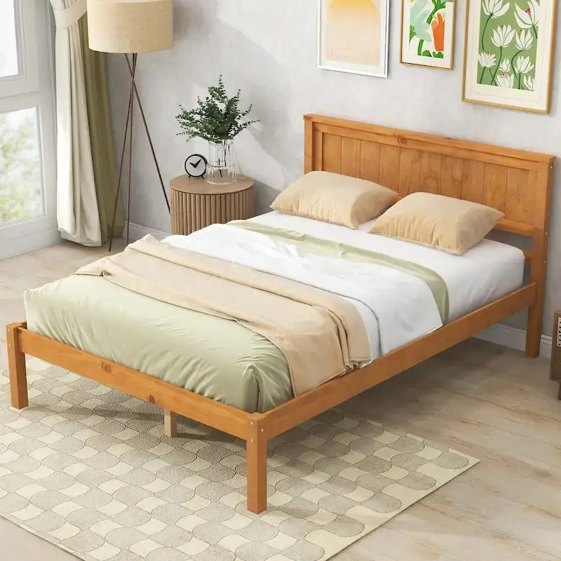 Base letto a piattaforma con testiera, supporto a doghe in legno, non necessita di box spring