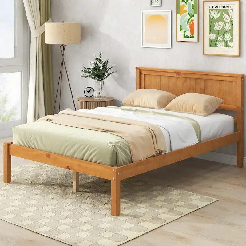 Base letto a piattaforma con testiera, supporto a doghe in legno, non necessita di box spring