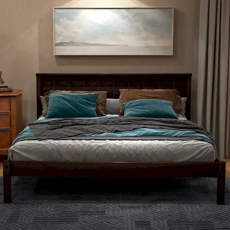 Base letto a piattaforma con testiera, supporto a doghe in legno, non necessita di box spring