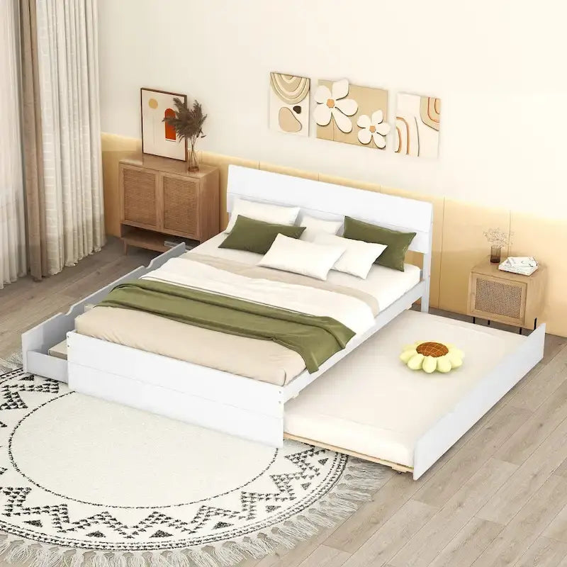 Modern Full Bed Frame With Twin Size Trundle And 2 Drawers