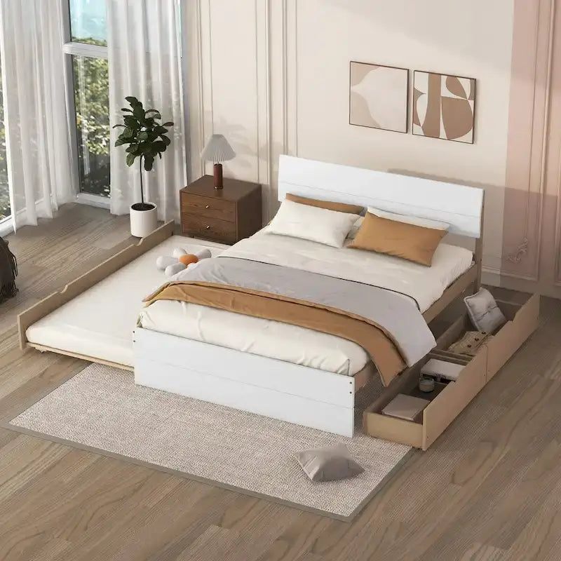 Modern Full Bed Frame With Twin Size Trundle And 2 Drawers