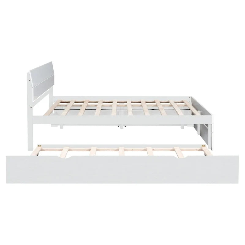 Modern Full Bed Frame With Twin Size Trundle And 2 Drawers