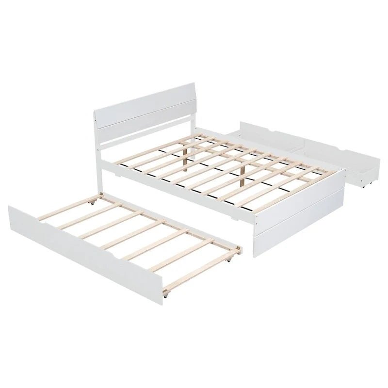 Modern Full Bed Frame With Twin Size Trundle And 2 Drawers