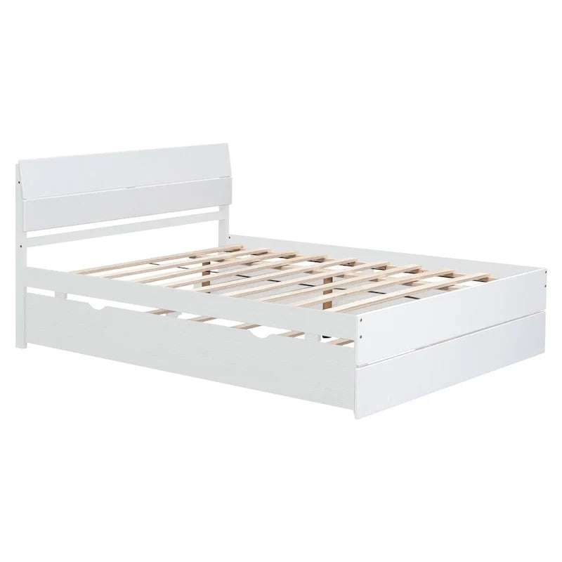 Modern Full Bed Frame With Twin Size Trundle And 2 Drawers