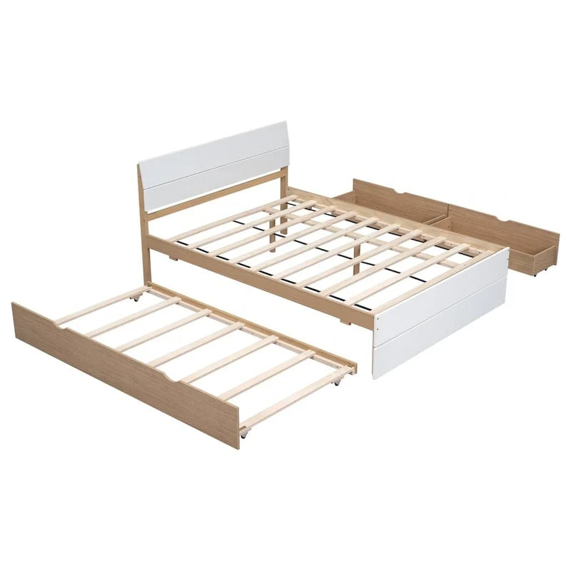 Modern Full Bed Frame With Twin Size Trundle And 2 Drawers
