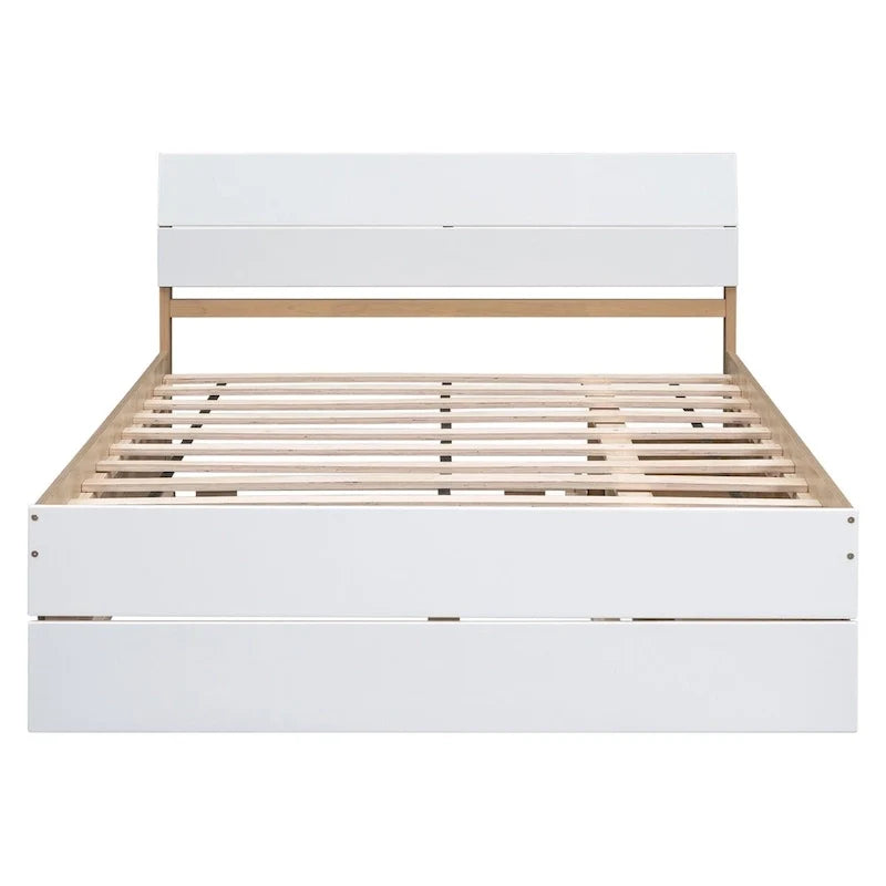 Modern Full Bed Frame With Twin Size Trundle And 2 Drawers