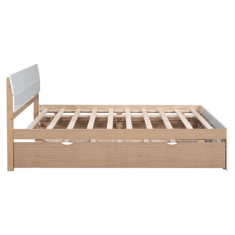 Modern Full Bed Frame With Twin Size Trundle And 2 Drawers