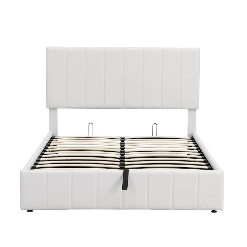 Letto a piattaforma imbottito full size con sistema di archiviazione idraulico