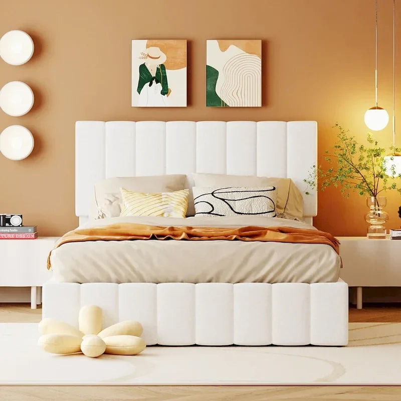 Letto a piattaforma imbottito full size con sistema di archiviazione idraulico