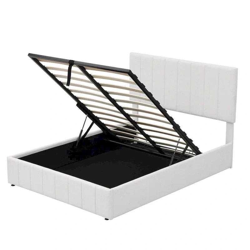 Letto a piattaforma imbottito full size con sistema di archiviazione idraulico