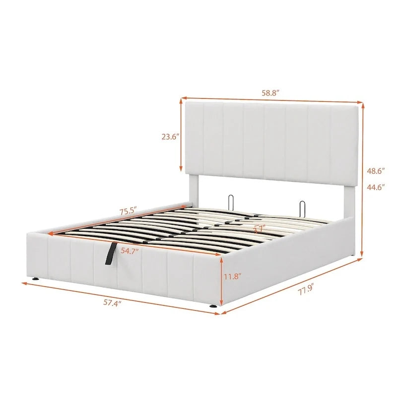 Letto a piattaforma imbottito full size con sistema di archiviazione idraulico