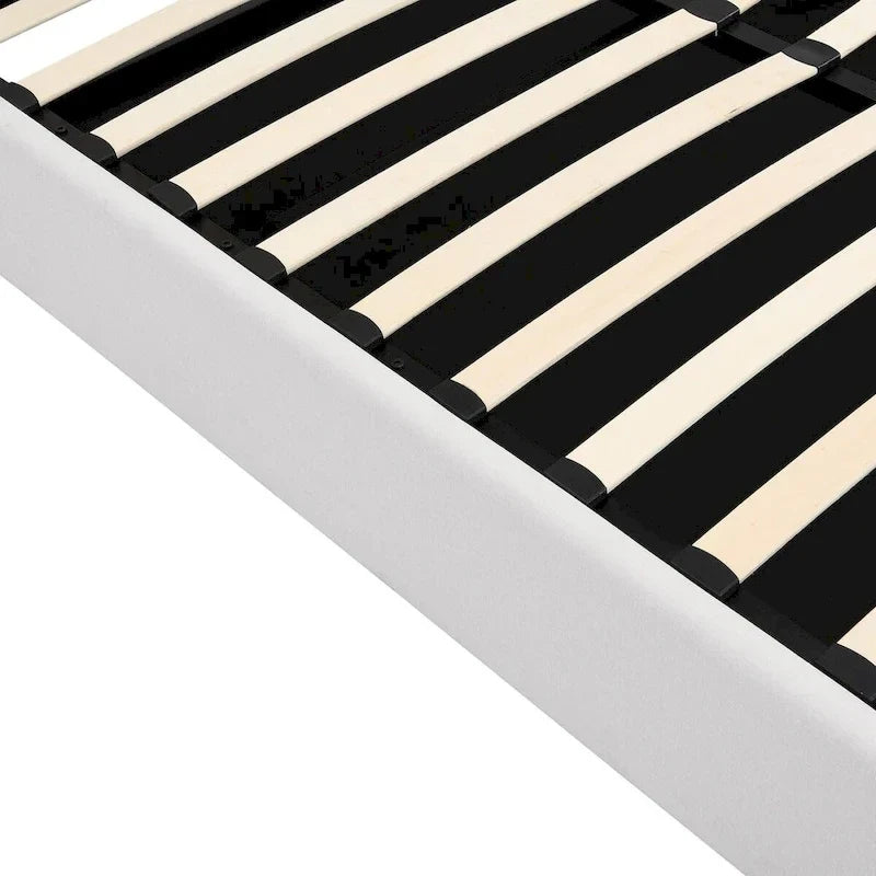 Letto a piattaforma imbottito full size con sistema di archiviazione idraulico