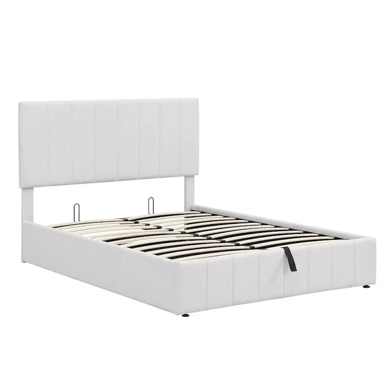 Letto a piattaforma imbottito full size con sistema di archiviazione idraulico