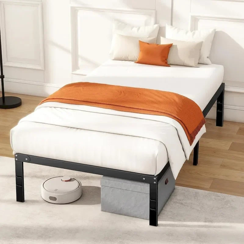 Cadre de lit, sommier métallique sans besoin de sommier tapissier, robuste avec espace de rangement, 35,5 cm de hauteur, support à lattes en acier résistant