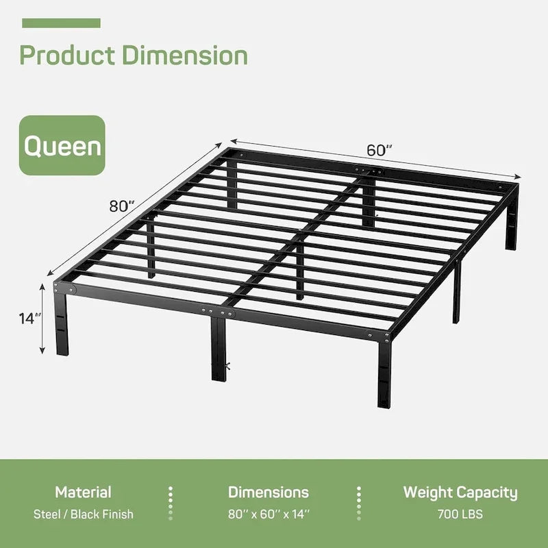 Cadre de lit, sommier métallique sans besoin de sommier tapissier, robuste avec espace de rangement, 35,5 cm de hauteur, support à lattes en acier résistant