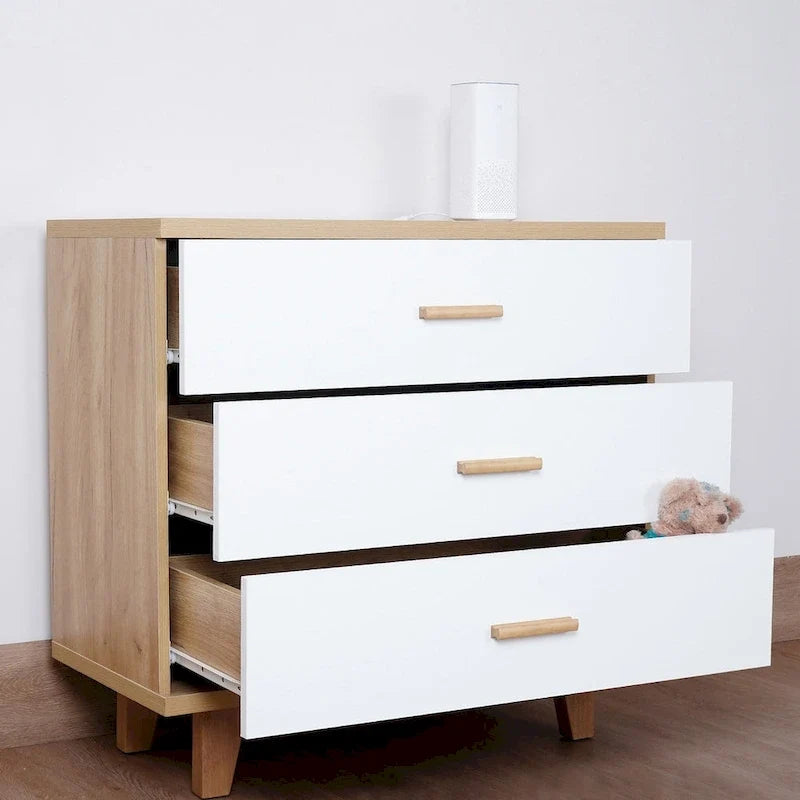 Commode de rangement à trois tiroirs, table de chevet, pieds et poignées en bois massif
