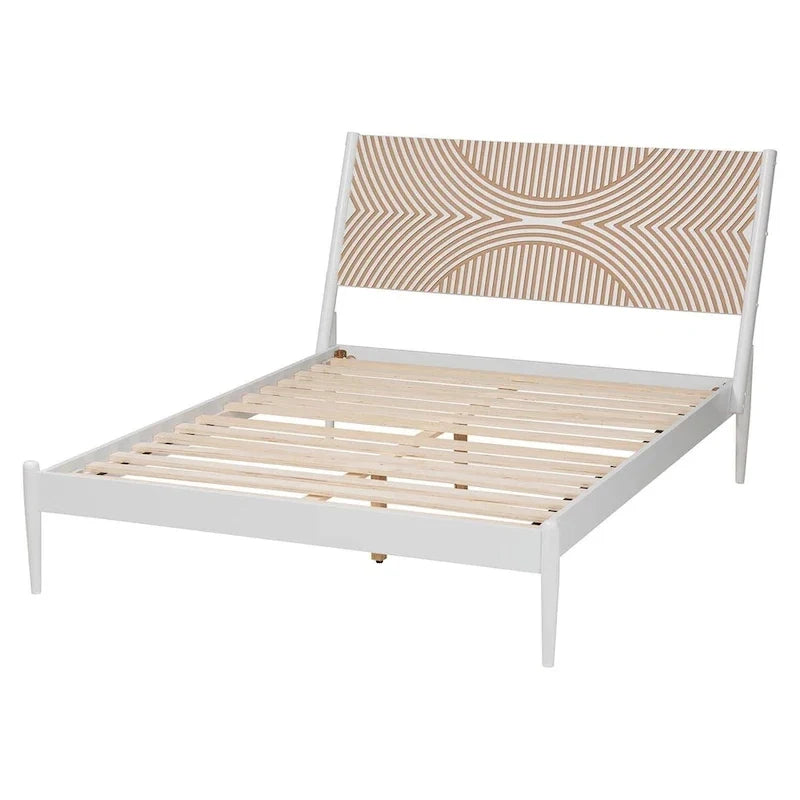 Lit plateforme Louetta Coastal blanc queen size avec tête de lit contrastante sculptée