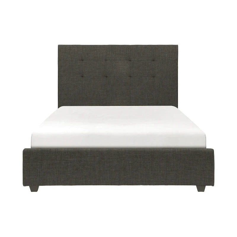 Lit Plateforme Cady King Size, Tête de Lit Capitonnée, Bois Massif Gris
