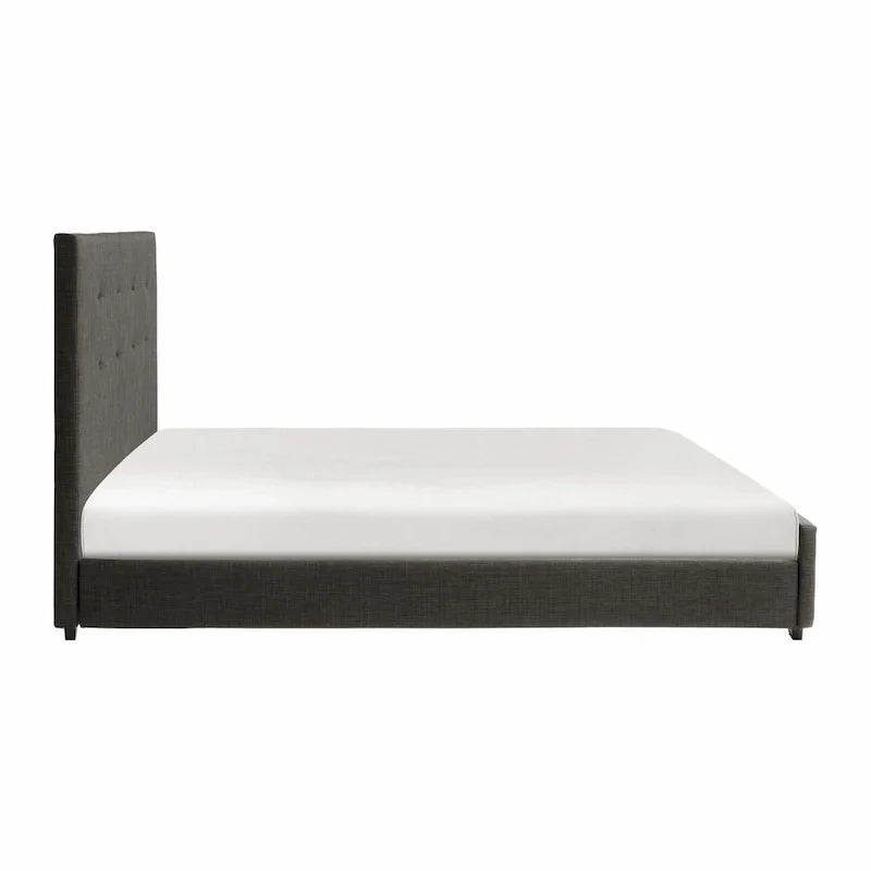 Lit Plateforme Cady King Size, Tête de Lit Capitonnée, Bois Massif Gris