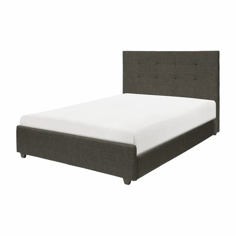 Lit Plateforme Cady King Size, Tête de Lit Capitonnée, Bois Massif Gris