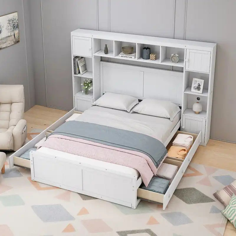 Letto matrimoniale in legno con armadio e mensola integrati